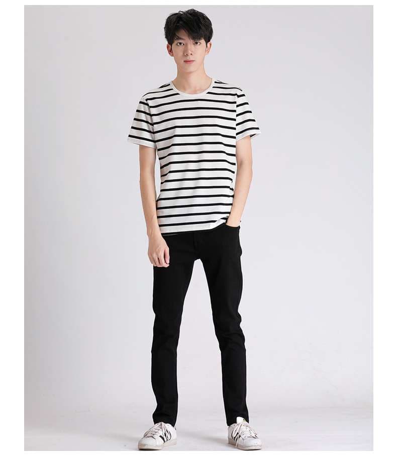 しなやかな縞模様クルーネック半袖Tシャツ ボーダー服
