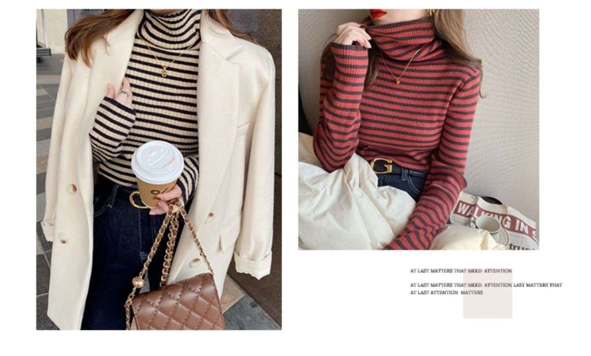 リブ編みボーダータートルネックセーター ボーダー服