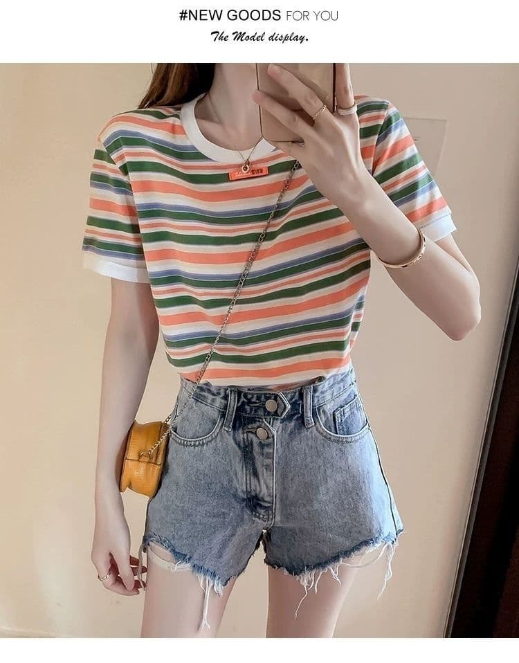 ボーダー服 マルチボーダー丸首ゆったりTシャツ