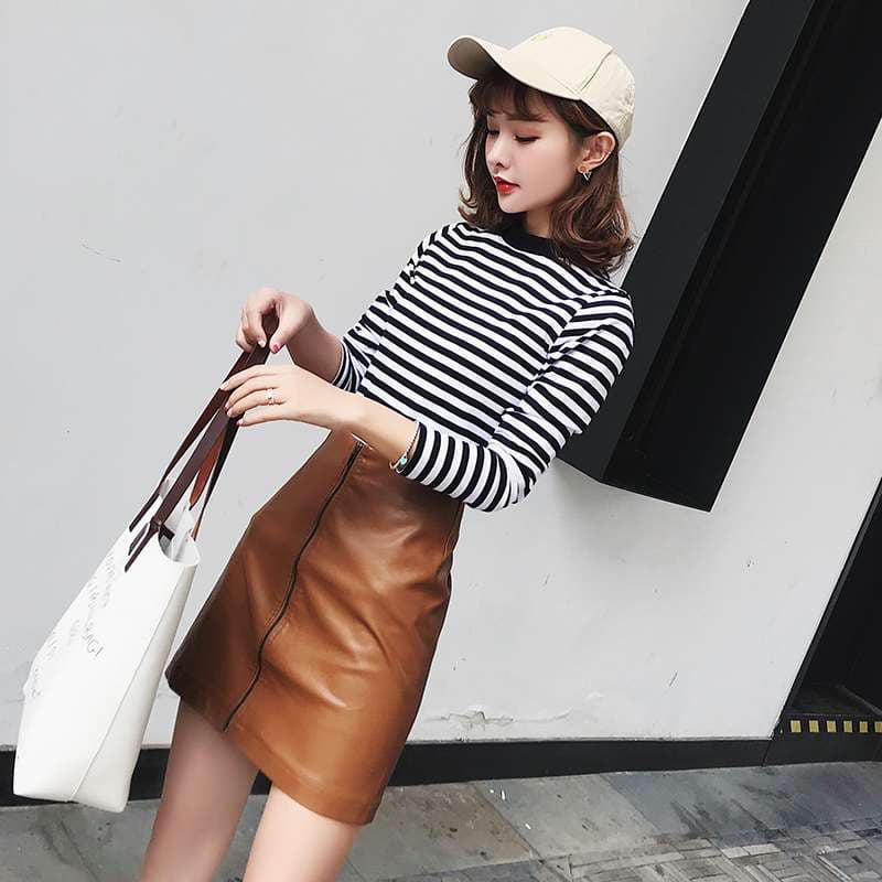 シンプルボーダーモックネック長袖Tシャツ ボーダー服