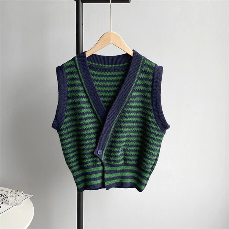 ボーダー服 レトロボーダーニットベスト袖なし深緑