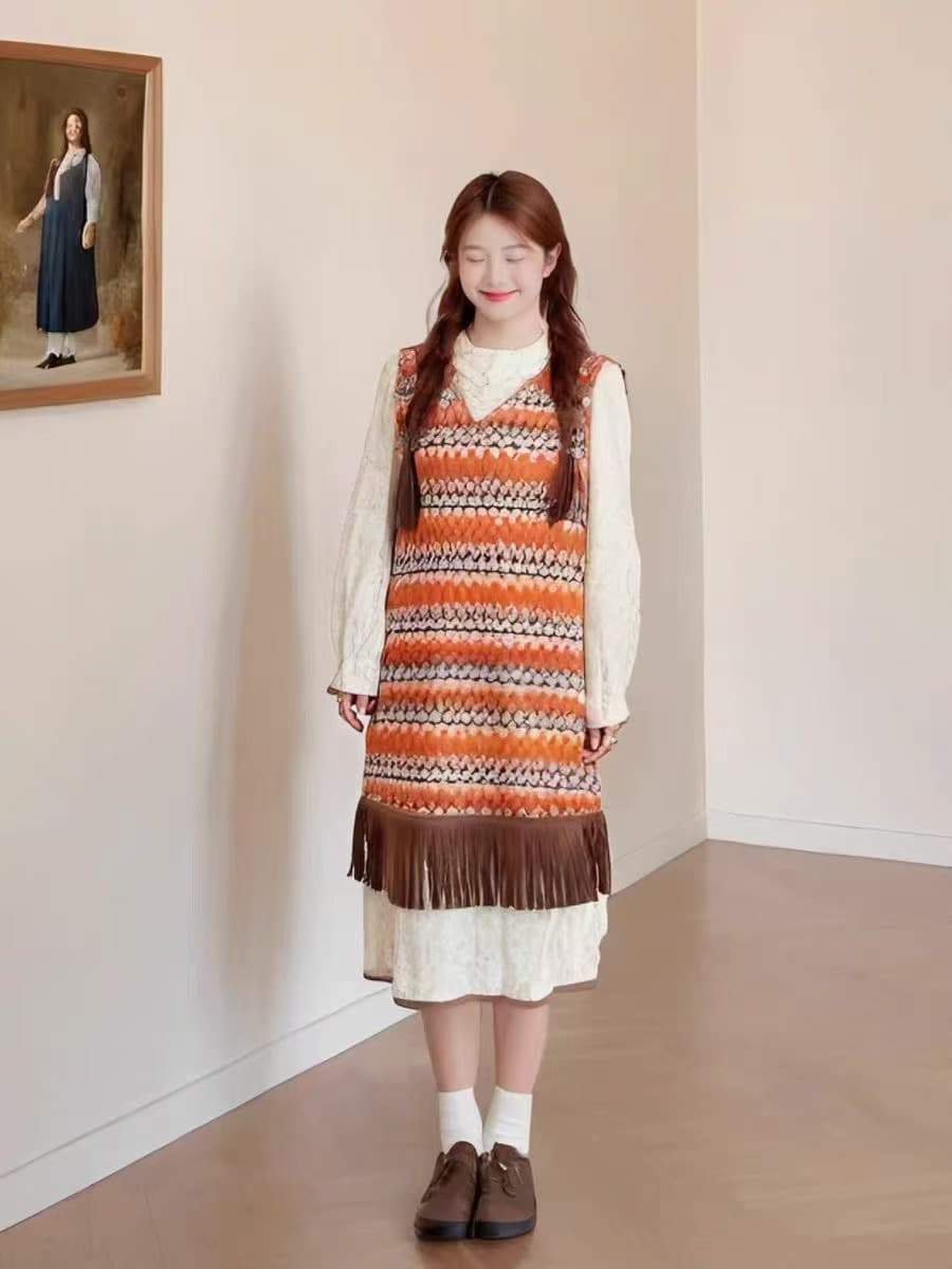 ボーダー服 民族調フリンジボーダーワンピース