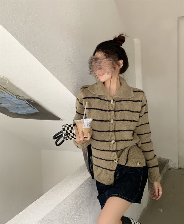ボーダー服カーディガン長袖ニット