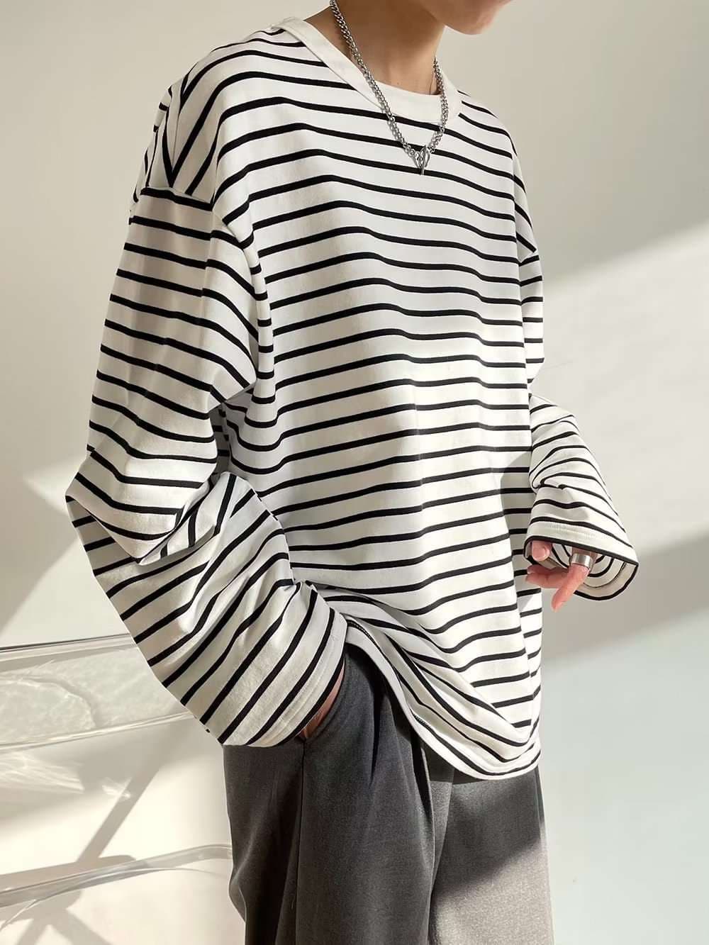 ゆったりシルエットのボーダー長袖カットソー ボーダー服