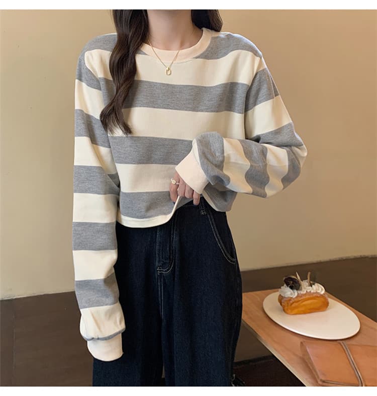 ボーダー服 Tシャツ ボーダー柄 丸首ショート丈Tシャツ長袖レディース