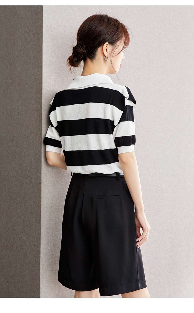 モダンストライプ Vネックニットポロ ボーダー服