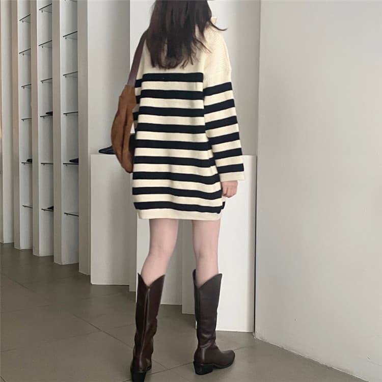 ボーダー服ワンピース 大人可愛いボーダー柄ニットワンピース