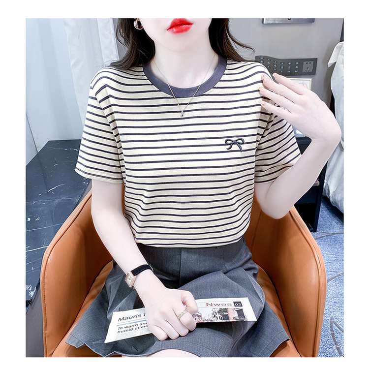 リボン刺繍入りマリンボーダーTシャツ ボーダー服