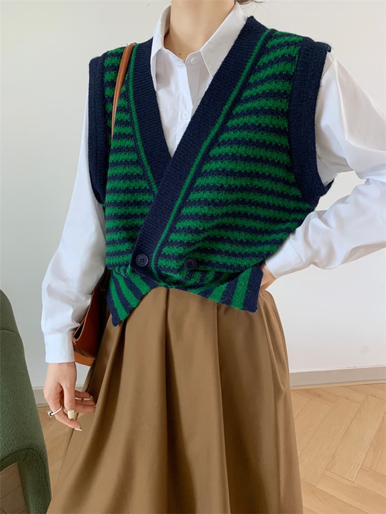 ボーダー服 レトロボーダーニットベスト袖なし深緑