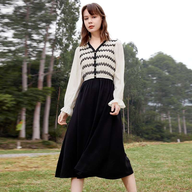 シェブロン柄ニットワンピース ボーダー服