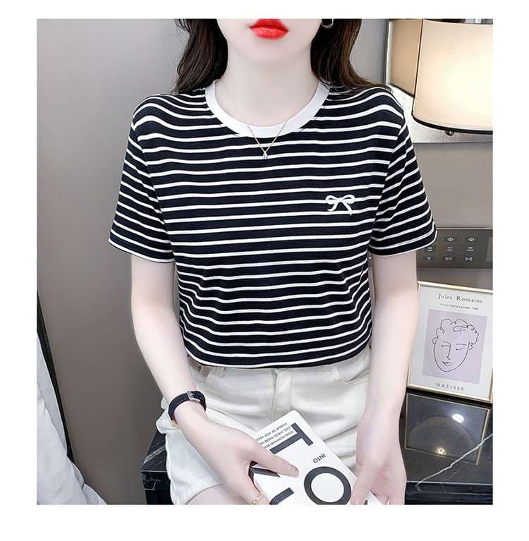 リボン刺繍入りマリンボーダーTシャツ ボーダー服