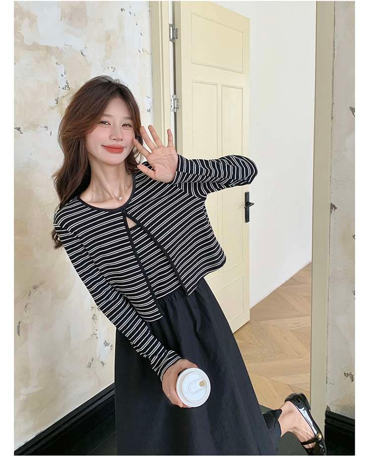 ストライプカーディガン重ね着風ロングワンピース ボーダー服