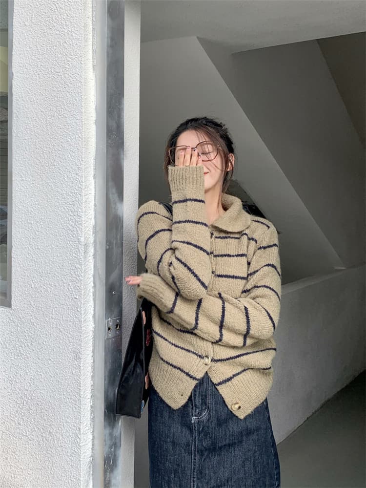 ボーダー服カーディガン長袖ニット