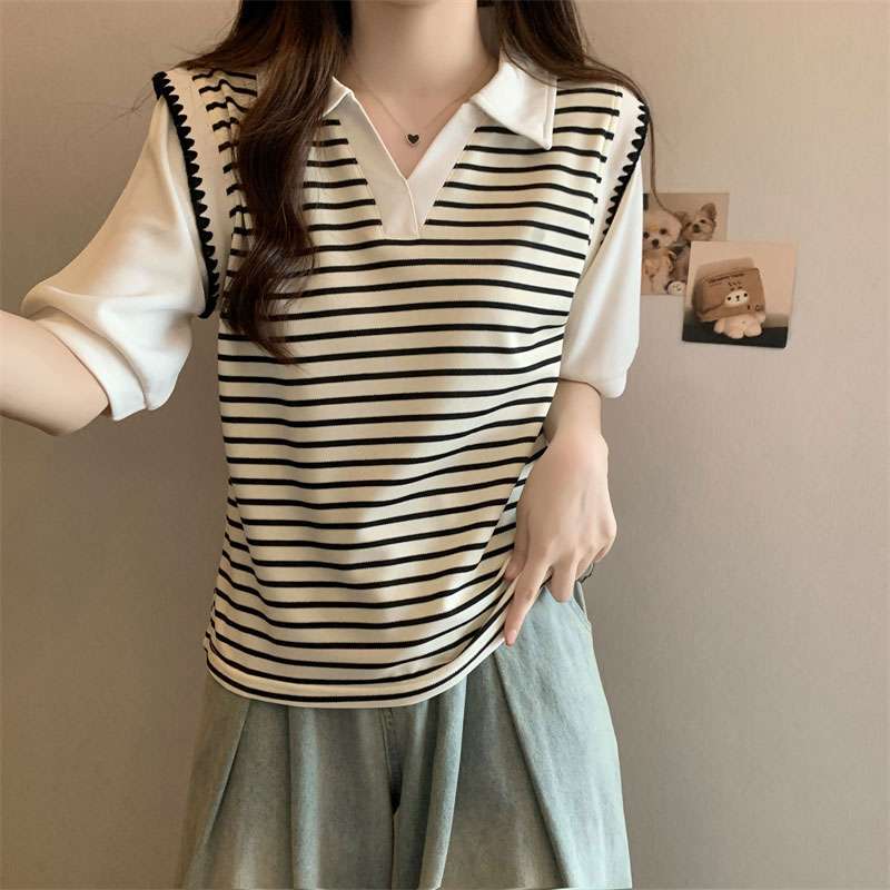ボーダー柄ニットベスト重ね着風ポロシャツ ボーダー服