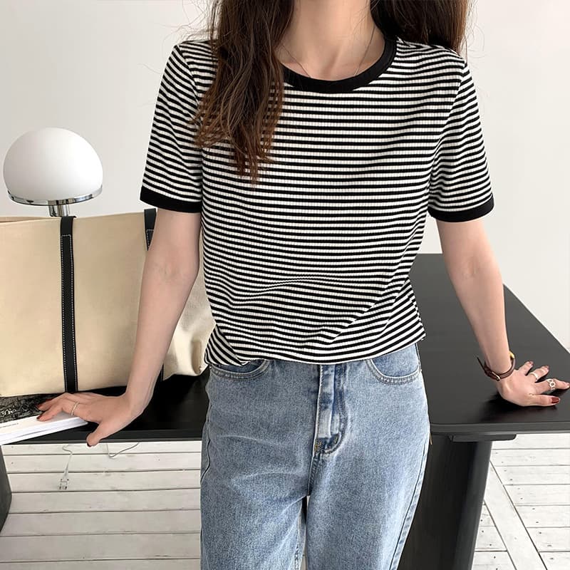 ボーダー服 バイカラー配色ボーダーニットシャツ