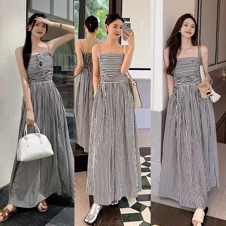 ストライプ柄マキシ丈サマーワンピース ボーダー服