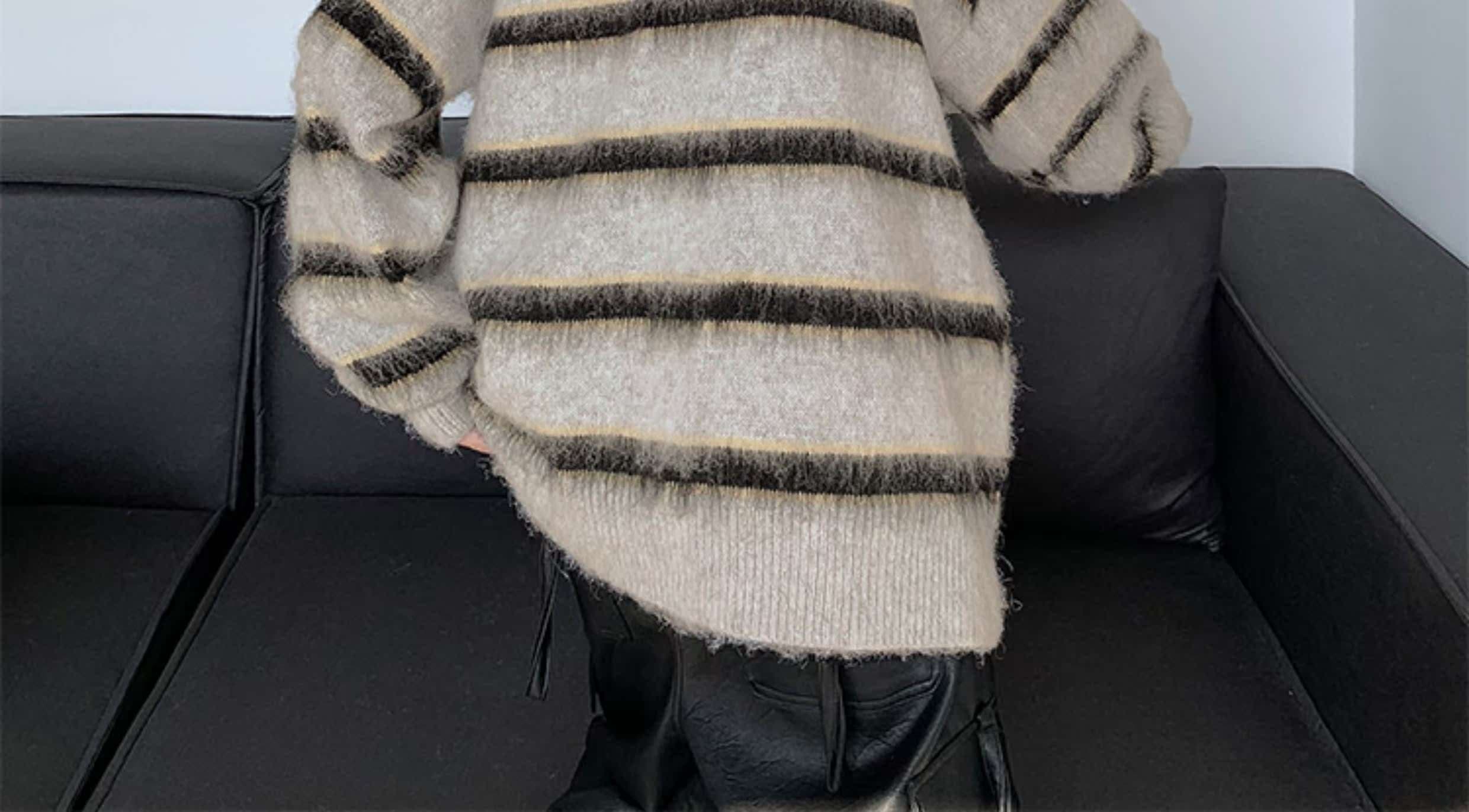 モコモコボーダー柄オーバーサイズカーディガン ボーダー服