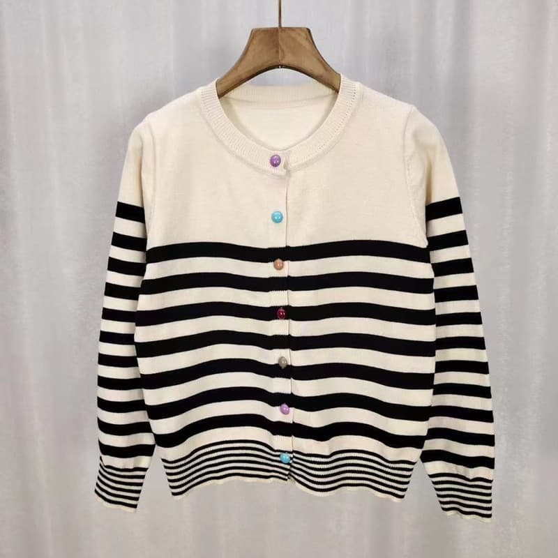 ボーダー服ニットカーディガン カラフルボタン丸首