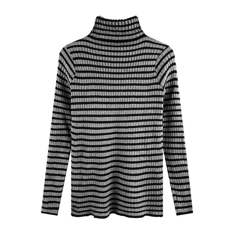 リブ編みボーダータートルネックセーター ボーダー服