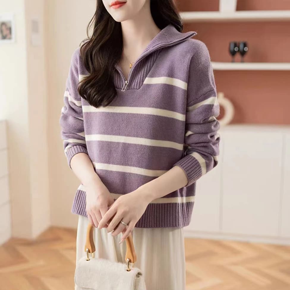 ボーダー服 ハーフジップ ボーダーニットトップス