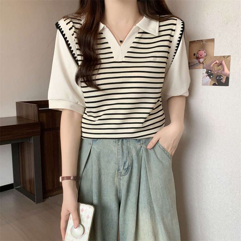 ボーダー柄ニットベスト重ね着風ポロシャツ ボーダー服