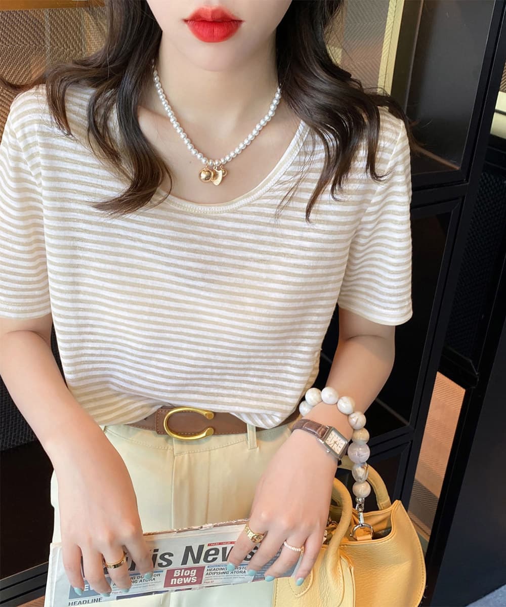 ボーダー服 Tシャツ ボーダー柄半袖Tシャツ Vネック夏用薄手トップス