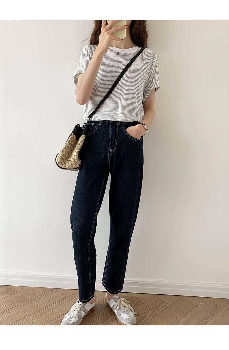 シンプル細ボーダークルーネックTシャツ ボーダー服
