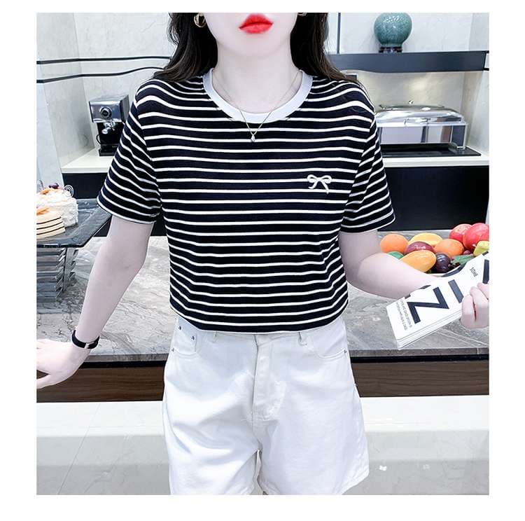 リボン刺繍入りマリンボーダーTシャツ ボーダー服