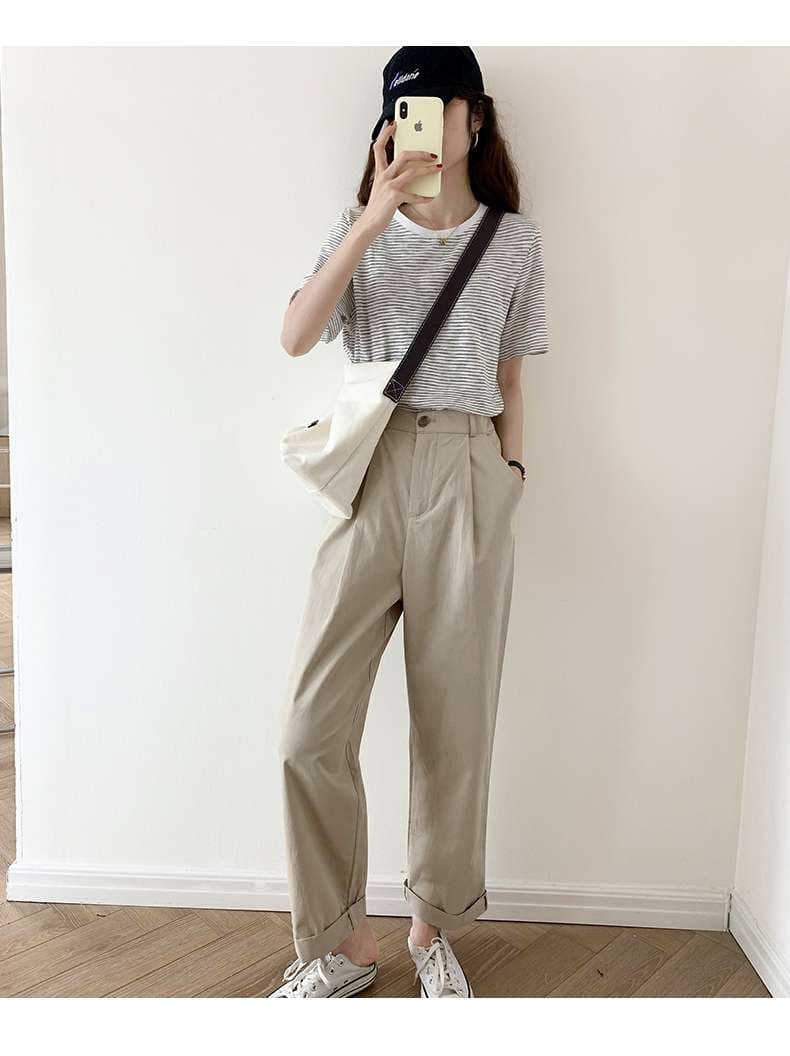 シンプル細ボーダークルーネックTシャツ ボーダー服