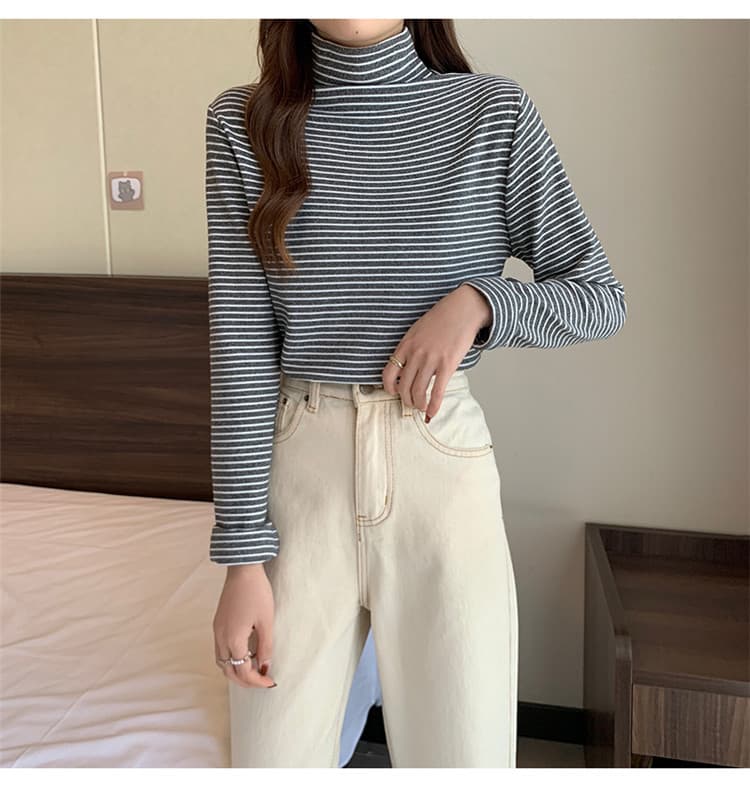 ボーダー服タートル 暖かい厚手ボーダー長袖シャツ