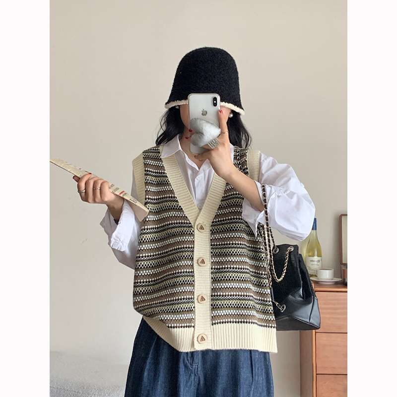 レトロ調ボーダー柄ニットベスト ボーダー服