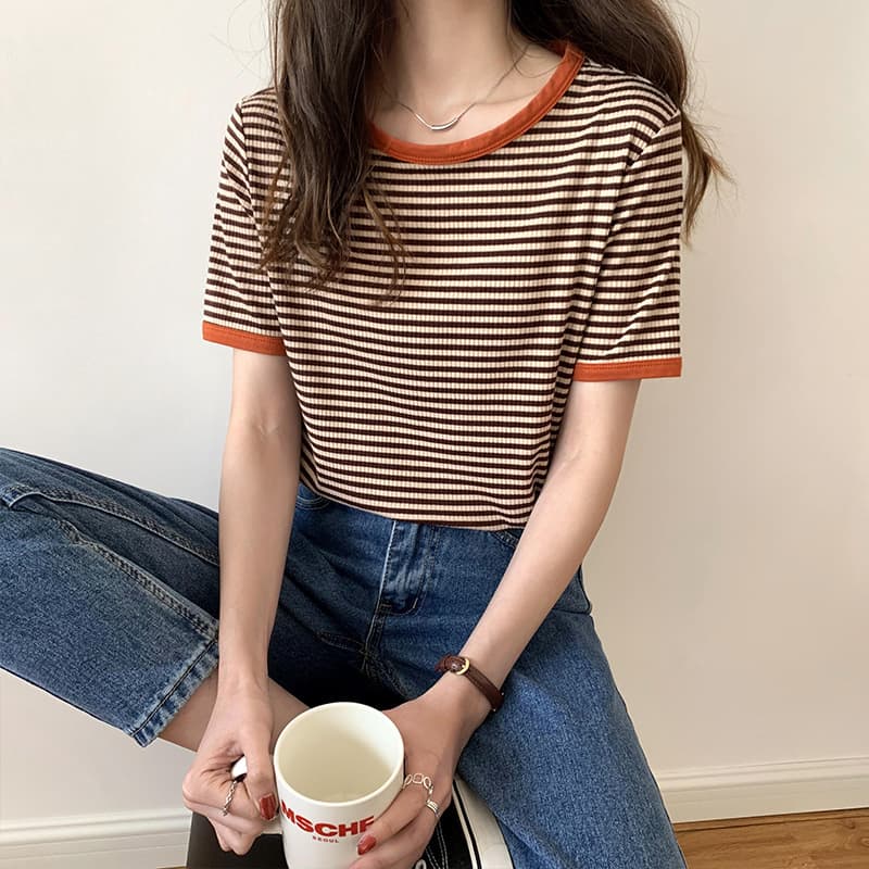 ボーダー服 バイカラー配色ボーダーニットシャツ