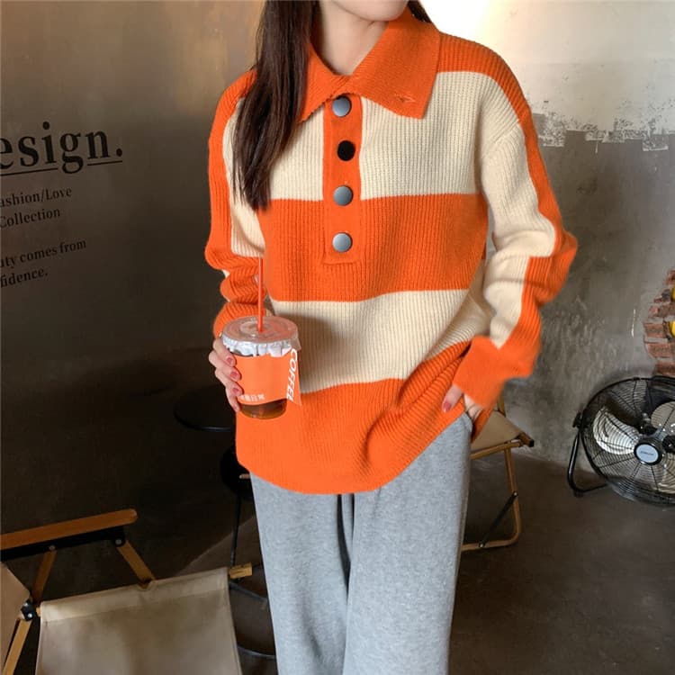 ボーダー服 ボーダー襟付きニットセーター ゆったり暖か