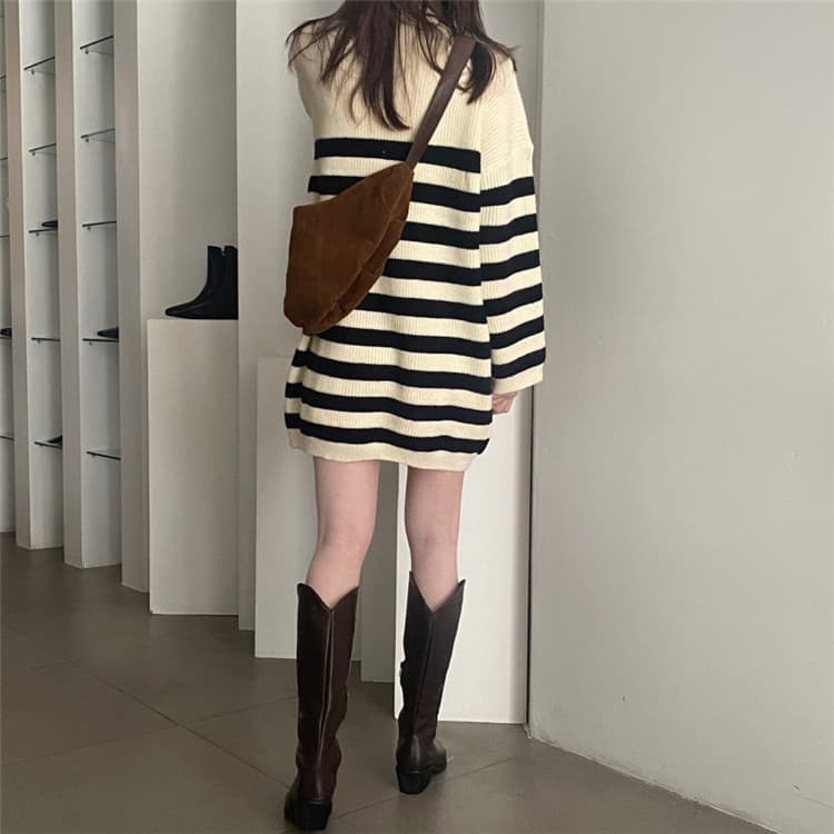 ボーダー服ワンピース 大人可愛いボーダー柄ニットワンピース
