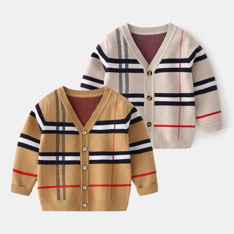 チェック柄ニットカーディガン ボーダー服