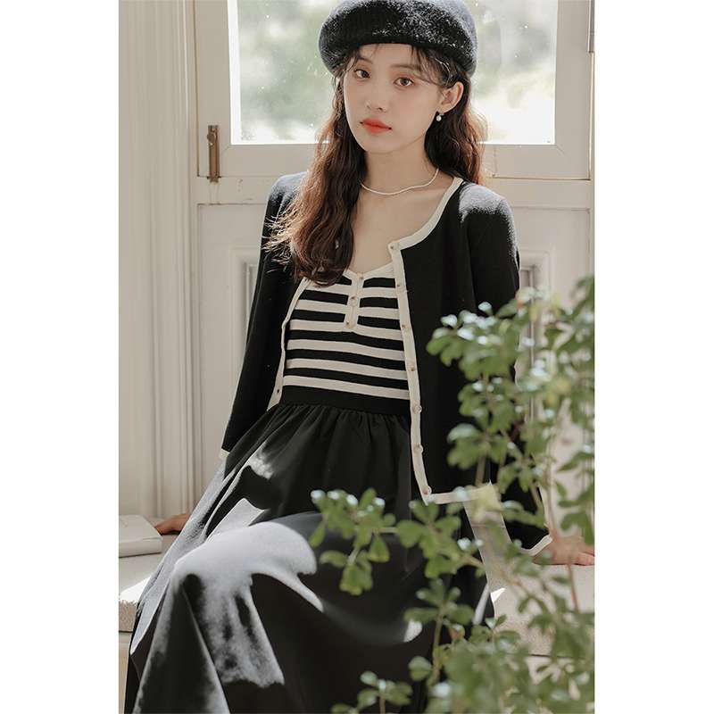 ストライプトップス重ね着風マキシワンピース ボーダー服