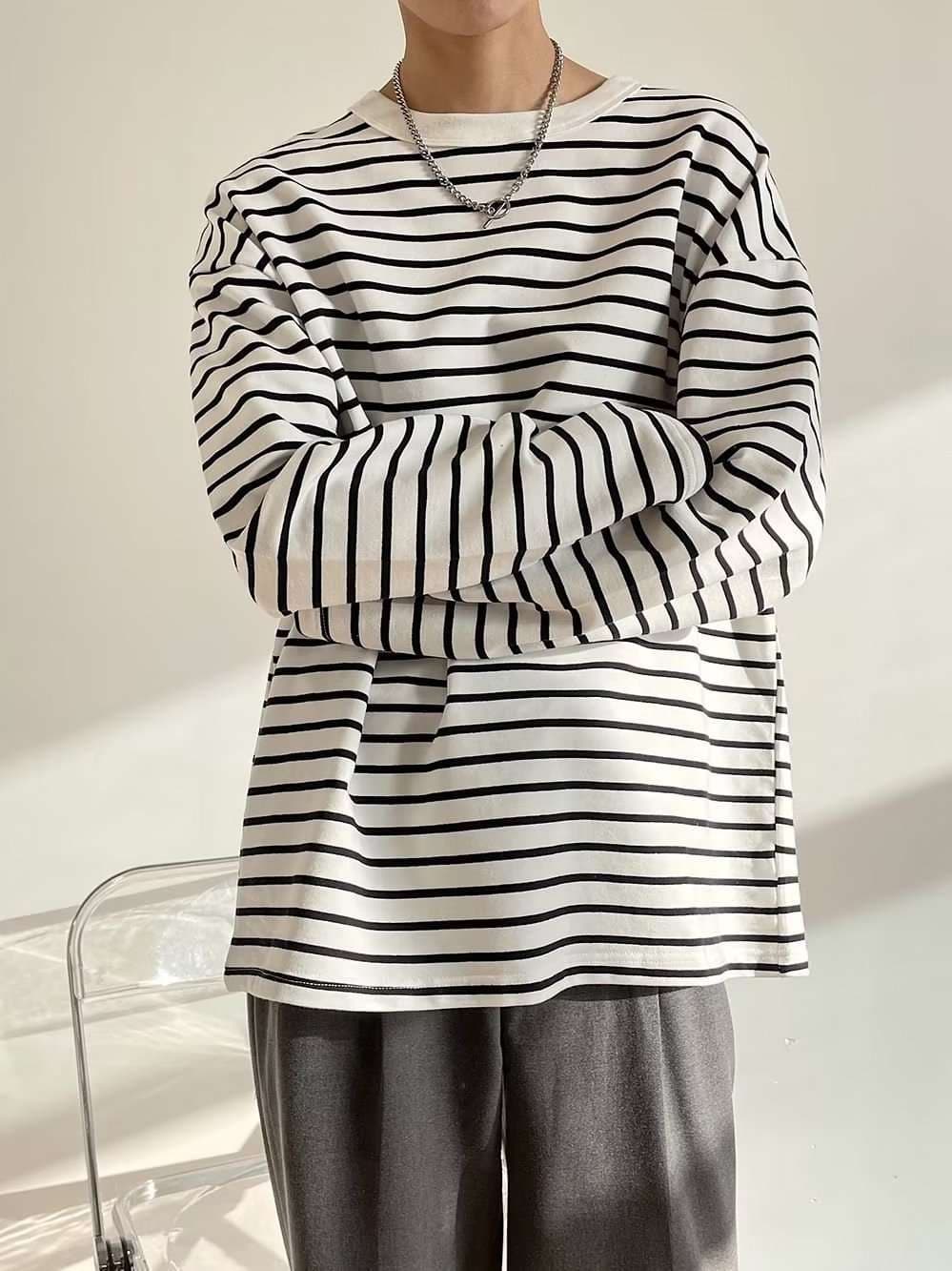 ゆったりシルエットのボーダー長袖カットソー ボーダー服