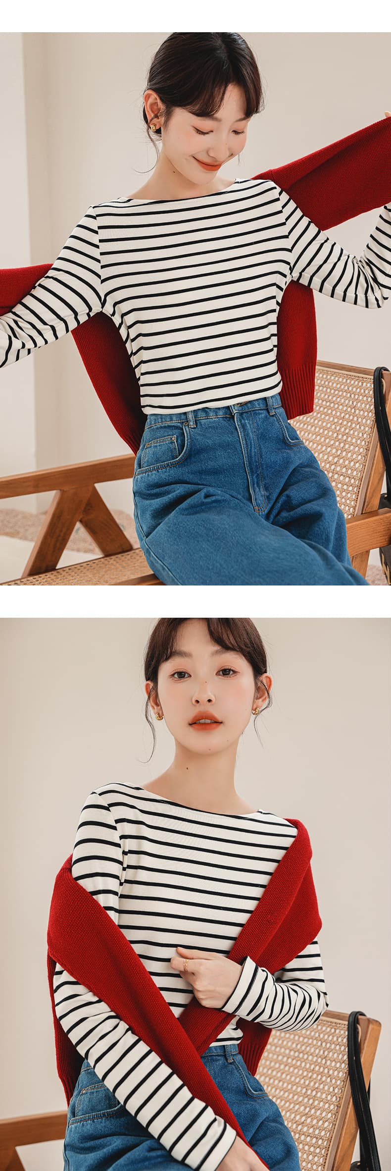 ボーダー服 シンプル細ボーダーロングスリーブカットソー