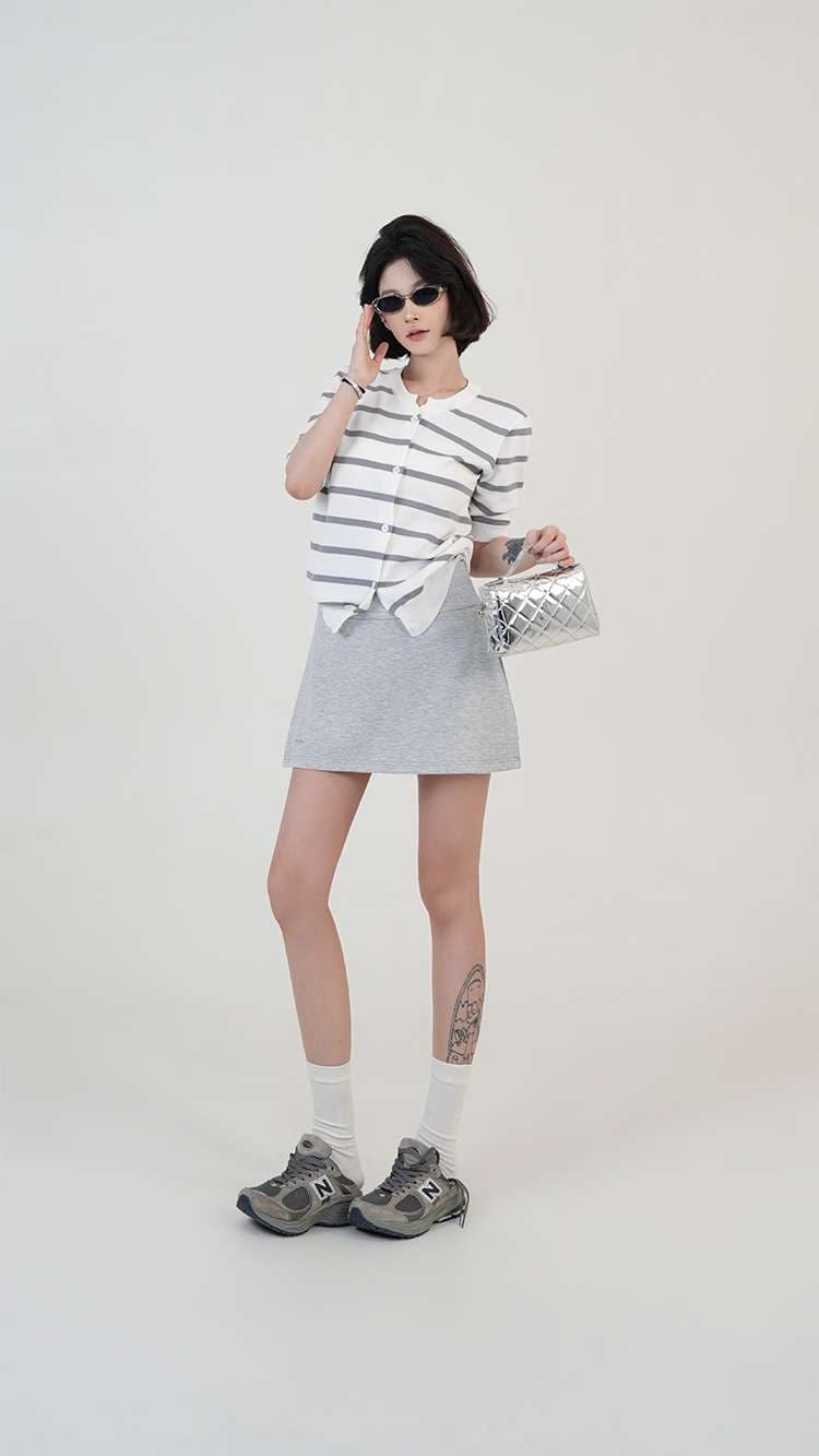 ボーダー柄半袖ニットカーディガン ボーダー服