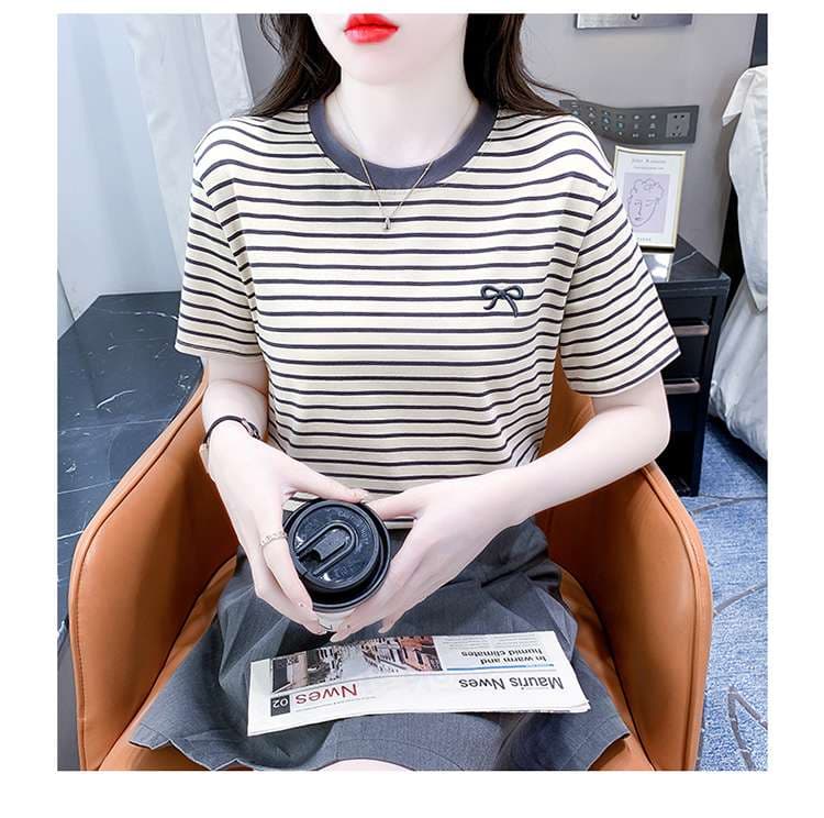 リボン刺繍入りマリンボーダーTシャツ ボーダー服