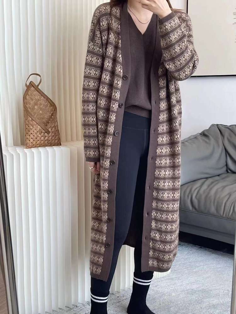 ノルディック柄ロングカーディガン ボーダー服