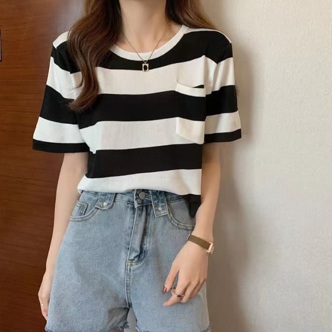 ボーダー服 Tシャツ レディース半袖太ボーダーTシャツゆったり体型カバートップス