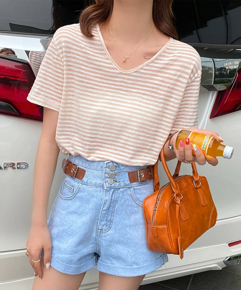 ボーダー服 Tシャツ ボーダー柄半袖Tシャツ Vネック夏用薄手トップス