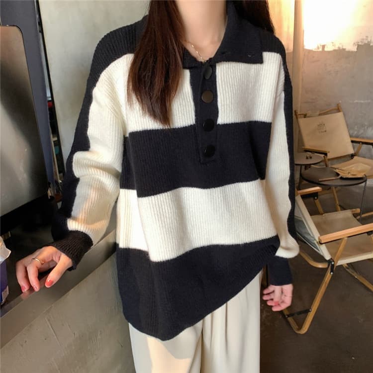 ボーダー服 ボーダー襟付きニットセーター ゆったり暖か
