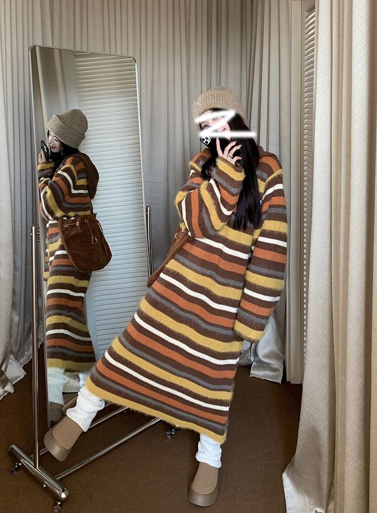 秋色ボーダーニットワンピース ボーダー服