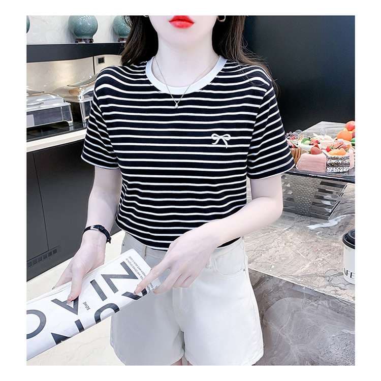 リボン刺繍入りマリンボーダーTシャツ ボーダー服